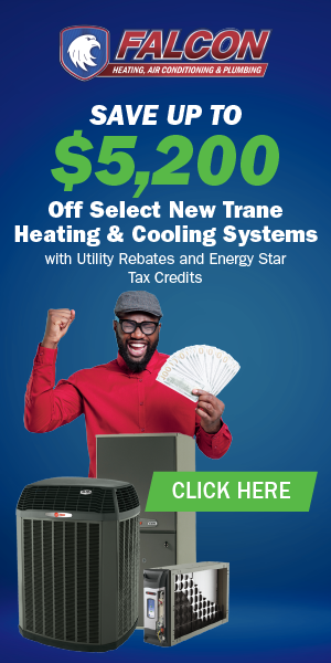 Heating and cooling system promotion vertical banner featuring complete HVAC installations