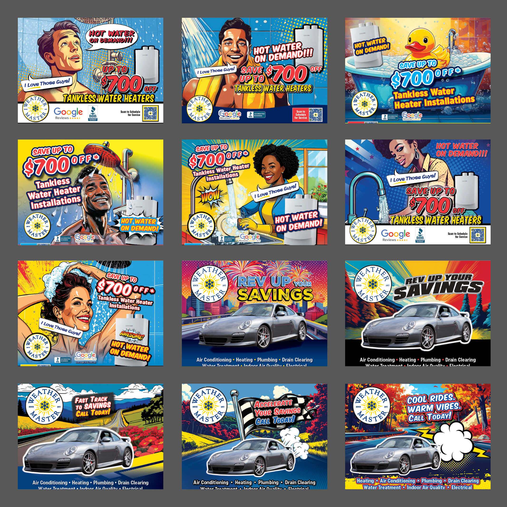 Grid showcase of 12 AI-generated advertising designs for Weather Master HVAC services featuring diverse creative approaches including retro-style illustrations of people with tankless water heaters, rubber duck in bathtub, comic-style WOW burst graphics, silver Porsche 911 with seasonal backgrounds (autumn foliage, racing checkered flags, comic smoke clouds), colorful halftone patterns, vibrant yellow blue orange red color schemes, HOT WATER ON DEMAND and SAVE UP TO $700 OFF promotional text, REV UP YOUR SAVINGS FAST TRACK TO SAVINGS AGGRESSIVE SAVINGS COOL RIDES WARM VIBES taglines, Weather Master circular sun compass logo, Google Reviews badges, service listings for Air Conditioning Heating Plumbing Drain Clearing Water Treatment Indoor Air Quality Electrical, demonstrating versatile AI-powered creative advertising campaign variations for home services marketing