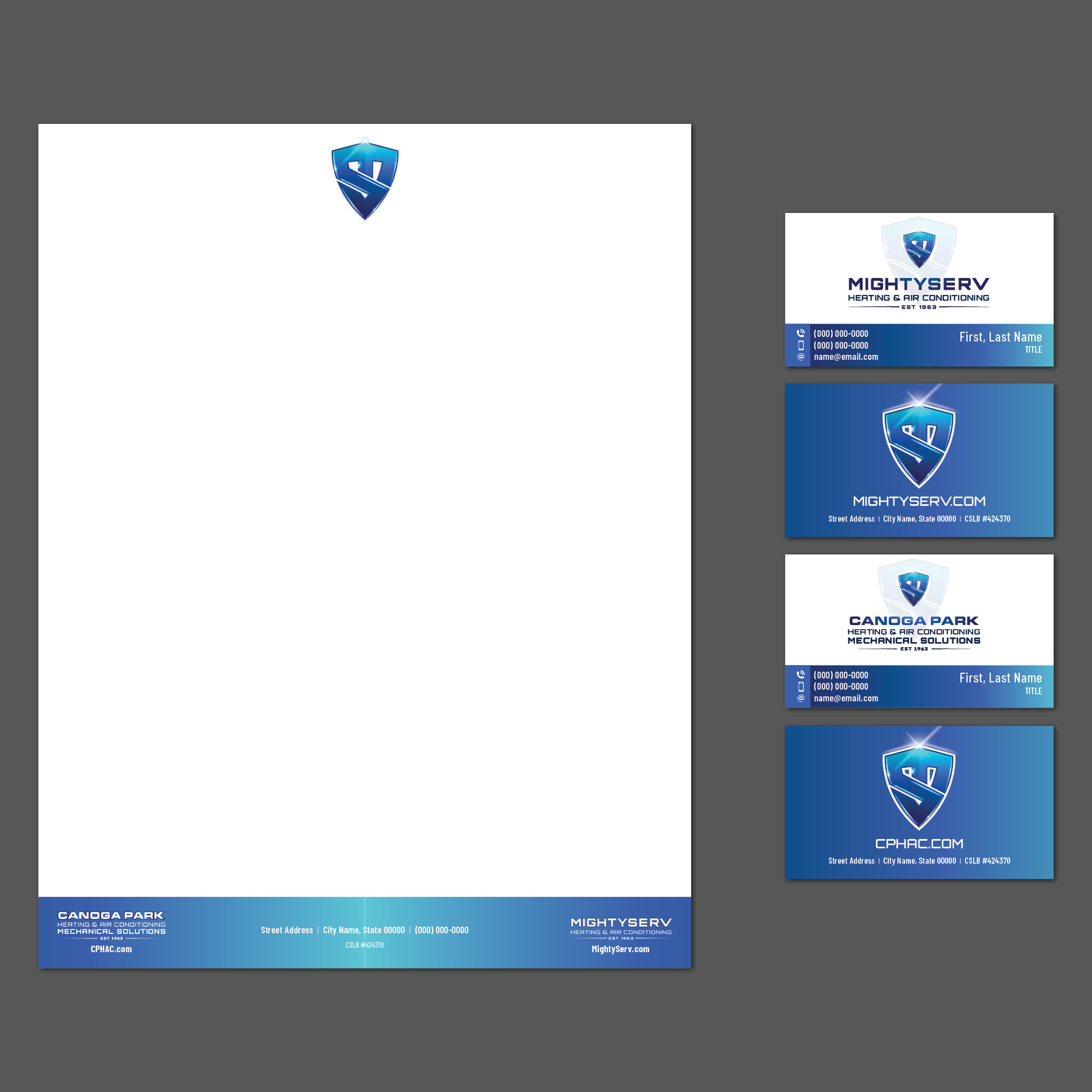 Professional business stationery design showcase featuring letterhead and business cards for MightyServ and Canoga Park HVAC brands, large white letterhead page with blue shield logo at top center and blue gradient footer with company names CANOGA PARK HEATING & AIR CONDITIONING MECHANICAL SOLUTIONS CPHAC.com and MIGHTYSERV HEATING & AIR CONDITIONING EST. 1963 MightyServ.com with contact information, four business cards showing front and back designs, MightyServ cards with white front featuring shield logo company name EST. 1963 blue contact section with phone numbers email First Last Name TITLE and blue gradient back with large shield logo MIGHTYSERV.COM street address city state zip cell number, Canoga Park cards with white front featuring shield logo CANOGA PARK HEATING & AIR CONDITIONING MECHANICAL SOLUTIONS EST. 1963 blue contact section and blue gradient back with shield logo CPHAC.COM address details, consistent blue and white color scheme clean modern typography professional corporate identity design demonstrating cohesive brand stationery system for related HVAC companies with matching visual identity across letterhead and business card materials