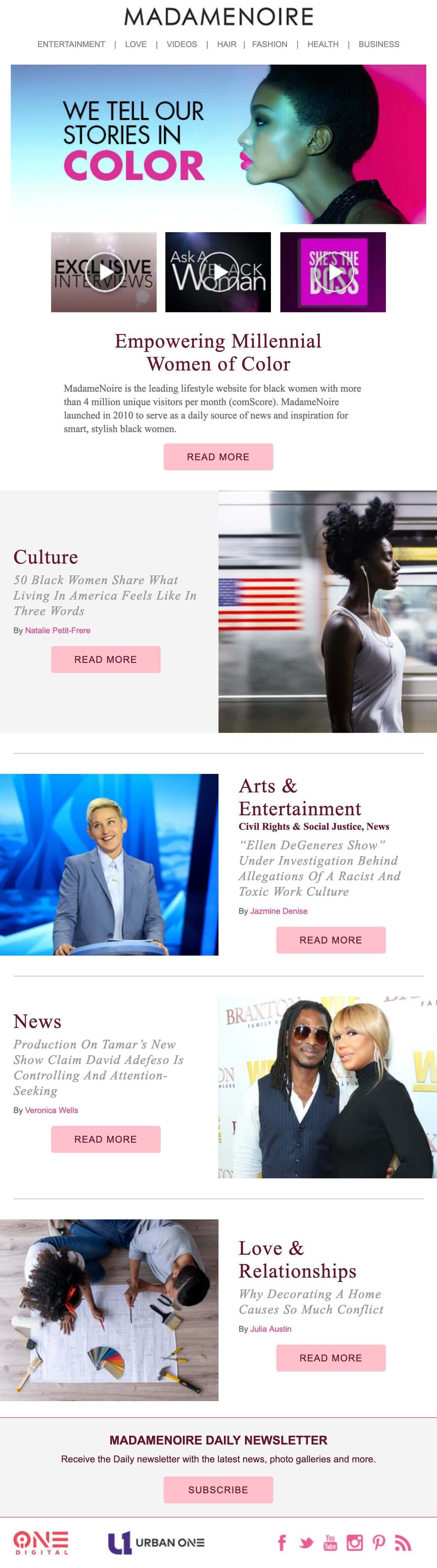 Hand-coded HTML responsive email for MadameNoire lifestyle website featuring empowering millennial women of color content, video sections (Exclusive Interviews, Ask A Black Woman, Madame Ribs), article previews covering Culture, Arts & Entertainment, News, Love & Relationships, newsletter signup, and social media integration with vibrant pink and blue branding