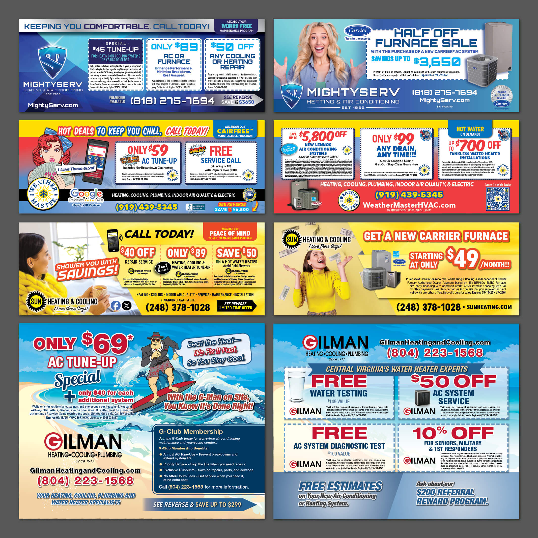 Grid showcase of 10 ValPak direct mail advertising designs for HVAC companies including MightyServ with $45 tune-up and $89 AC or furnace specials plus Carrier half off furnace sale, Weather Master featuring retro pin-up style with $59 AC tune-up and $600 off Lennox systems plus $99 drain service and $700 off tankless water heaters, Sun Heating & Cooling with $40 off repair service $89 tune-up $50 off water heater replacement and $49 per month Carrier furnace financing, Gilman Heating Cooling Plumbing with $69 AC tune-up special featuring cartoon mascot G-Man character free water testing $50 off AC service free diagnostic test 10% off for seniors military and first responders G-Club membership benefits $200 referral rewards, professional direct mail designs with bold colors promotional pricing service offers company branding contact information demonstrating effective ValPak advertising campaigns for home services marketing
