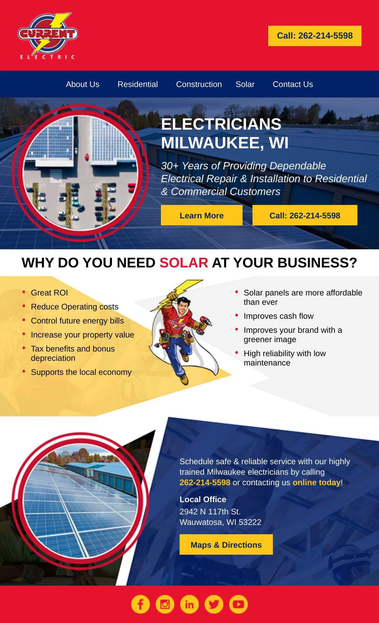 Hand-coded HTML responsive email for Current Electric featuring solar panel services, electrician services in Milwaukee WI, with hero section, benefits list, contact information, and social media links