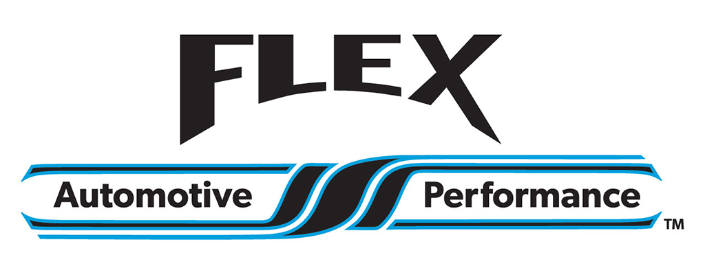 Flex Automotive Performance logo featuring bold angular FLEX text in black with sharp aggressive letterforms and extended X diagonal stroke creating dynamic racing effect, horizontal banner below with Automotive and Performance text separated by three diagonal black racing stripes, bright cyan blue accent lines above and below white banner sections, TM trademark symbol, modern sporty design emphasizing speed power and precision for automotive performance and restoration shop with racing-inspired visual elements