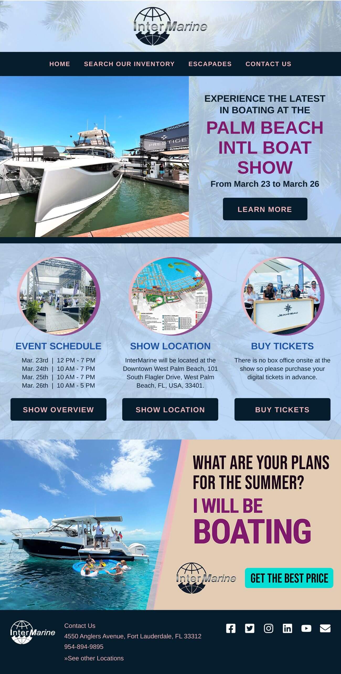 Hand-coded HTML responsive promotional email for InterMarine luxury yacht dealer featuring Palm Beach International Boat Show March 23-26, event schedule with daily hours, show location at Downtown West Palm Beach 101 South Flagler Drive, digital ticket purchasing information, lifestyle imagery of luxury boats on crystal blue water, WELCOME2022 promo code, multiple call-to-action buttons (Learn More, Show Overview, Show Location, Buy Tickets, Get The Best Price), contact information for Fort Lauderdale location at 4550 Anglers Avenue, and social media integration with navy blue, magenta, and cyan branding