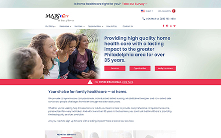 MARSCare home health care website preview featuring three smiling women in warm outdoor setting with natural lighting, conveying personal multi-generational care, professional healthcare services, warmth and connection for home health care brand identity